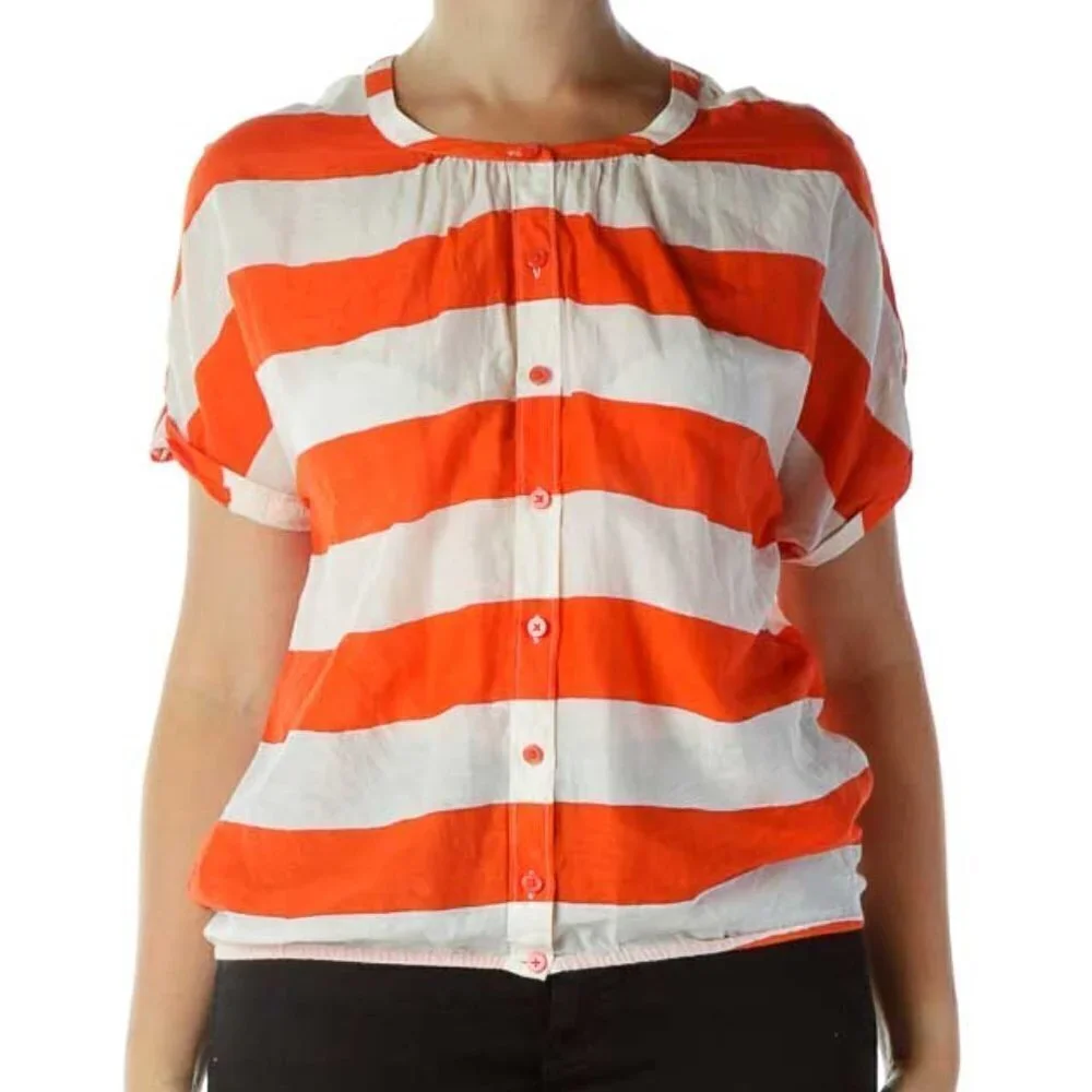 LOFT Orange White Striped Blouse - Picture 1 of 3
